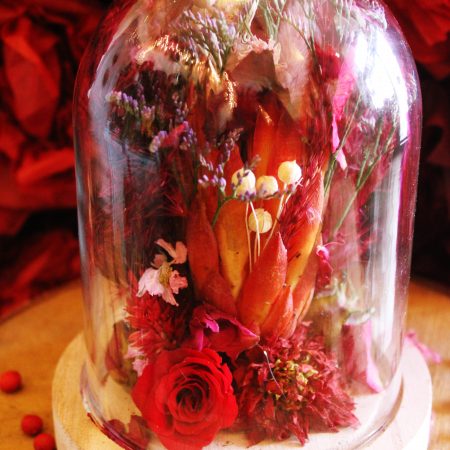 votre artisan fleuriste vous propose le bouquet : Cloche Fleurs séchées et rose stabilisée