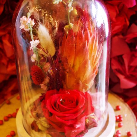 votre artisan fleuriste vous propose le bouquet : Moyen Cloche fleurs séchées et Rose stabilisé