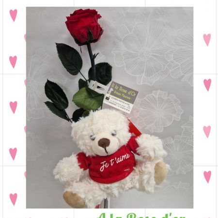 Rose éternelle vase et ourson, par A La Rose d'Or, fleuriste à Narbonne