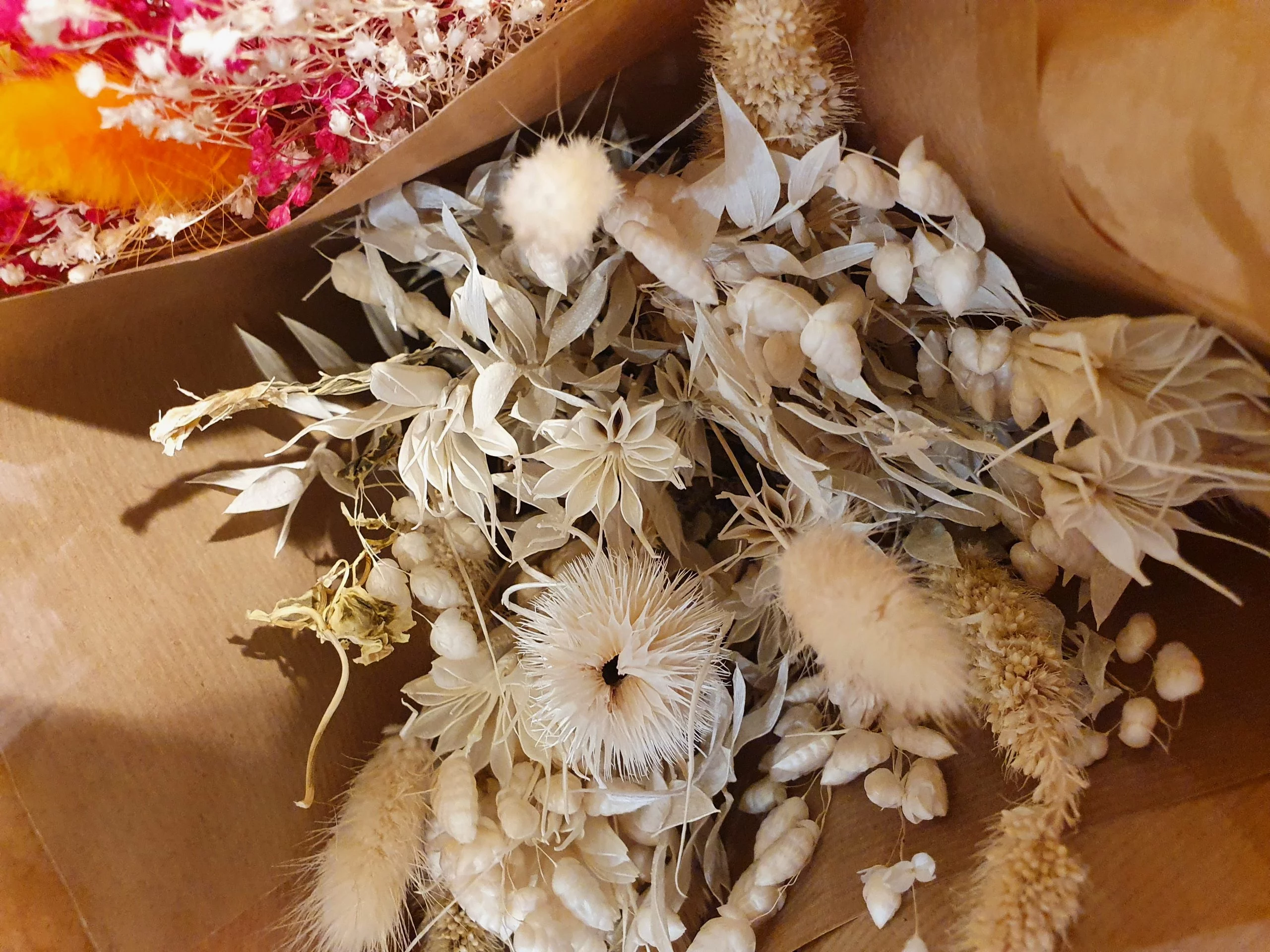 bouquet de fleurs séchées en couleur pastel, par Bossez Fleurs, fleuriste à Béziers