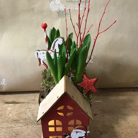 Maison de Noel éclairée avec Jacinthe, par Art Floral Le Puy en Velay, fleuriste à Le Puy-en-Velay