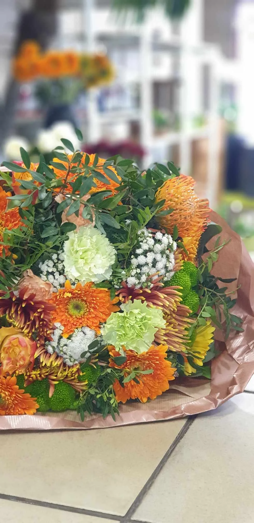 Bouquet orange, par Fleurs Baccara, fleuriste à Dour