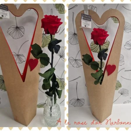 Rose éternelle dans son vase en verre et coffret coeur, par A La Rose d'Or, fleuriste à Narbonne