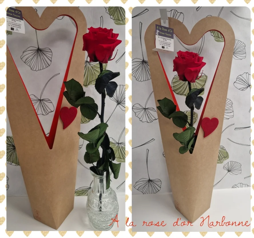 Rose éternelle dans son vase en verre et coffret coeur, par A La Rose d'Or, fleuriste à Narbonne