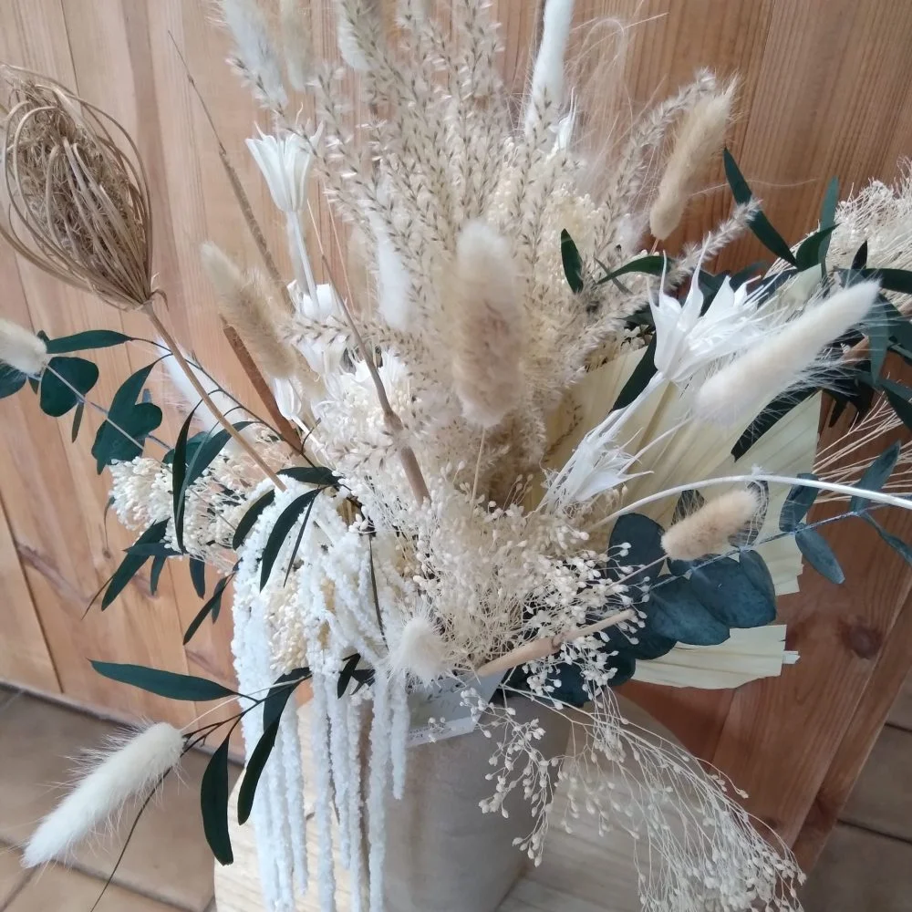Ensemble Bouquet de Fleurs Séchées, Vase Assortis, par Bonheur des fleurs, fleuriste à La Montagne