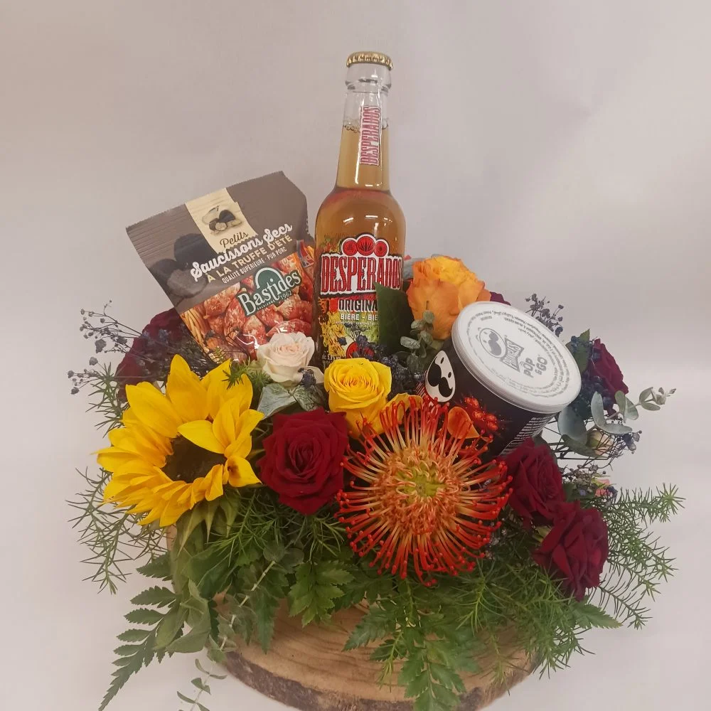 Bouquet Fête des Grands-Pères avec de quoi faire un petit apéro ;), par Ti Fleur Lakour, fleuriste à Saint-Joseph