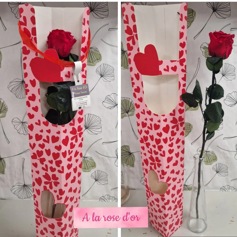 Rose éternelle dans son vase en verre et coffret coeur, par A La Rose d'Or, fleuriste à Narbonne