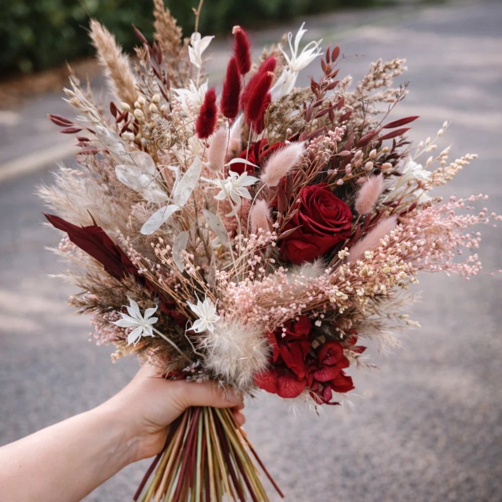 Bouquet de fleurs séchées Saint Valentin, par Atelier Cotylédon, fleuriste à Quimper