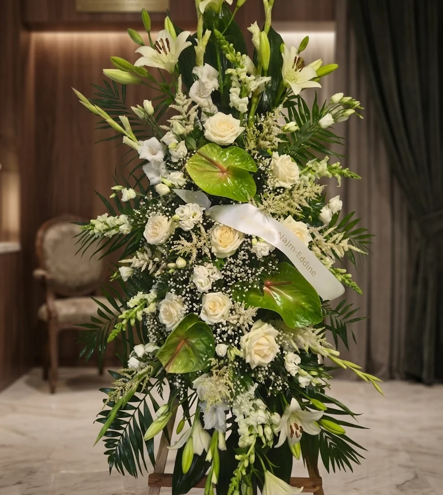 Médaillon de deuil sur chevalet, par Fleurs Véronique, fleuriste à Chaudfontaine