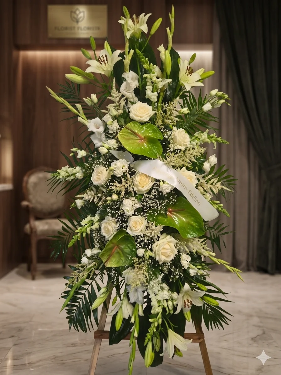 Médaillon de deuil sur chevalet, par Fleurs Véronique, fleuriste à Chaudfontaine
